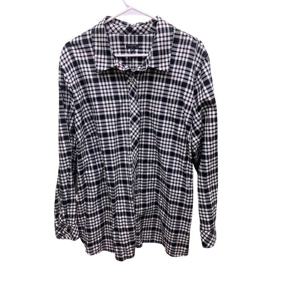 Talbots Plus Plaid Black White Button Front Shirt Blouse Size 3X - Picture 1 of 6